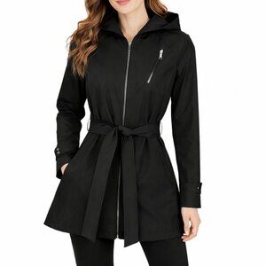 Vince Camuto Hooded Rain Jacket Size L Black Belted Zip Arm Logo Wind Resistant